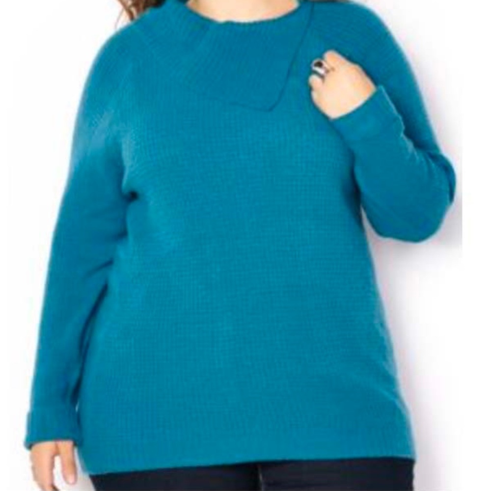 SWEATER, CRYSTAL TEAL (Blue), SZ 4X, WIDE COLLAR BOUCLÉ, LONG RAGLAN SLEEVES,